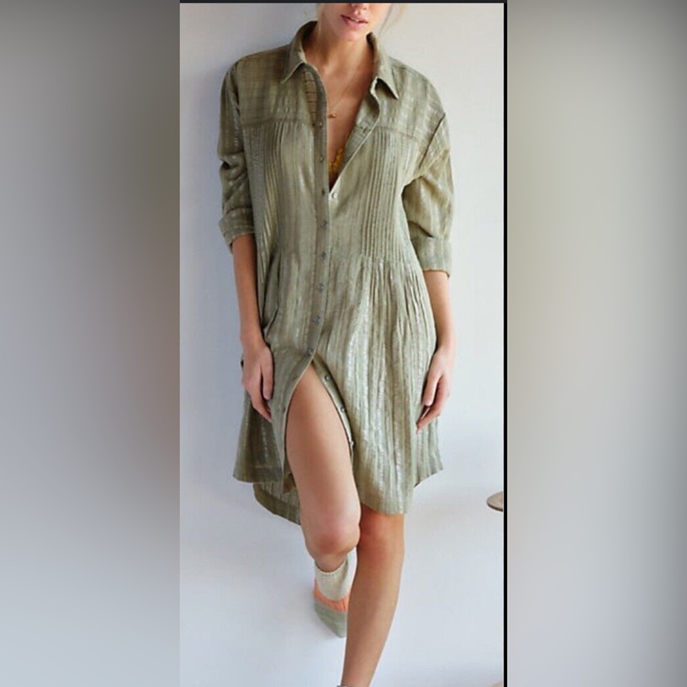 ANTHROPOLOGIE PINTUCK COTTON SHIRT DRESS MIDI GREEN BUTTONDOWN LONG SLEEVE S